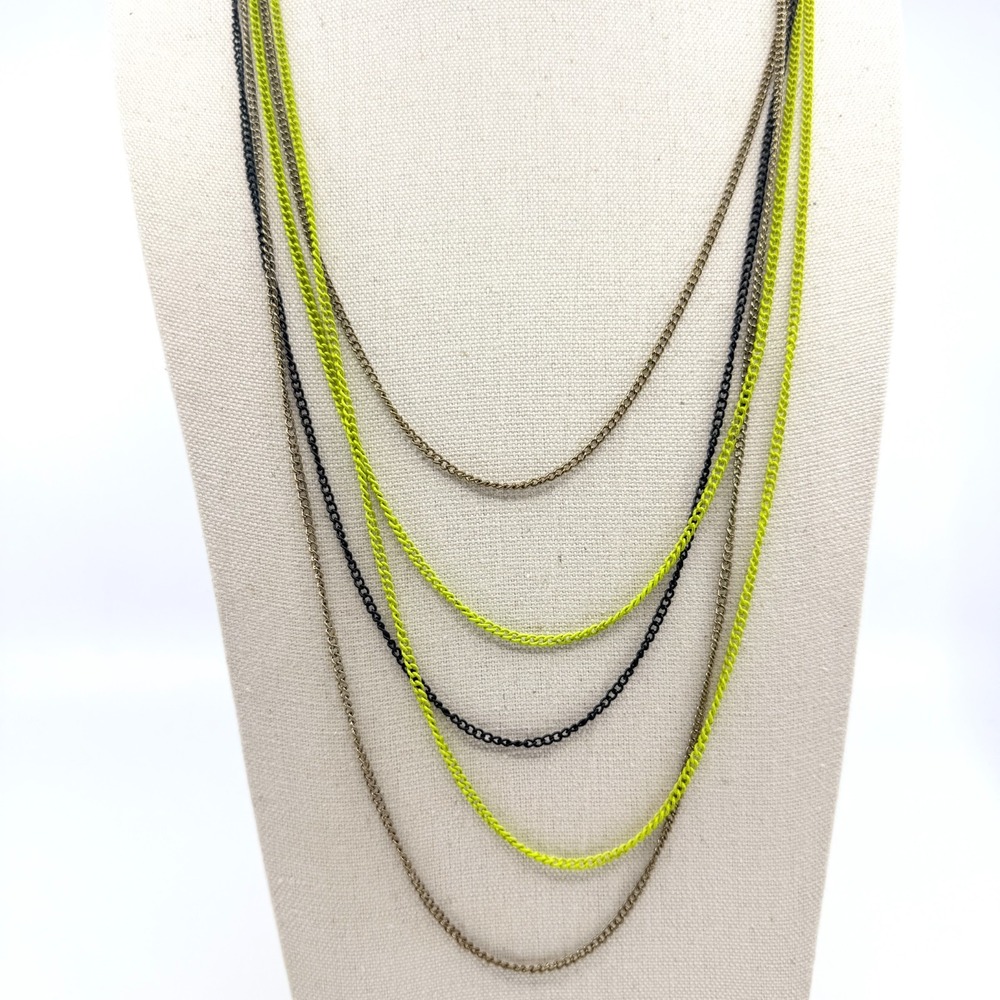 VTG Multi Strand Curb Chain Necklace Neon Lime Green Black Bronze Tone